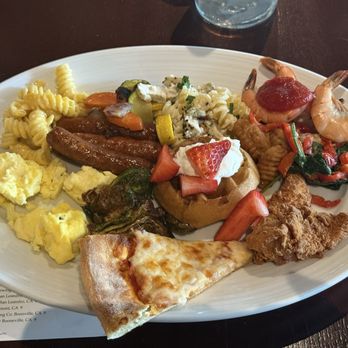Pinstripes - My First Plate - Scrambled Eggs, Sausage, Mac & Cheese, Roasted Veg, Prawns, Chicken Finger, Belgian Waffle, Brussels and Cheese Pizza - Bowling Near Me - San Mateo, California