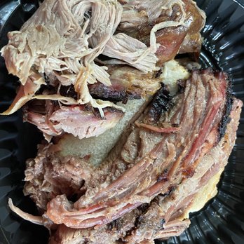 Sarcastic Swine BBQ - Brisket and pulled pork on top of soft, white bread - Barbeque Near Me - Abington, Massachusetts