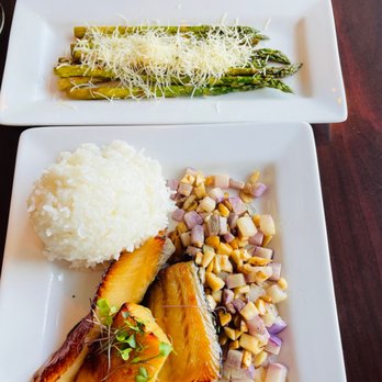 WSW Steakhouse - Misoyaki Butterfish, White Rice, Ali'i Mushrooms & Watermelon Radish Melange, Grilled Asparagus - Steakhouses Near Me - Hilo, Hawaii WSW Steakhouse - Misoyaki Butterfish, White Rice, Ali'i Mushrooms & Watermelon Radish Melange, Grilled Asparagus - Steakhouses Near Me - Hilo, Hawaii