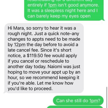 Milk Diva - A screenshot of a text message conversation between two individuals discussing appointment scheduling. The messages include a request to reschedule to a different day and time, with explanations about appointment policies and availability. The conversation shows a polite exchange about adjusting the appointment time, with messages indicating the need to maintain the original schedule or find an alternative time. - Lactation Services Near Me - Austin, Texas
