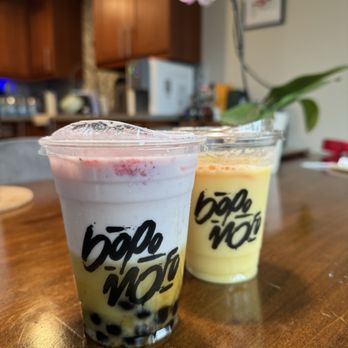 Bopomofo Cafe - Strawberry corn milk with boba & Orange wangi (no ice) - Cafes Near Me - Irvine, California