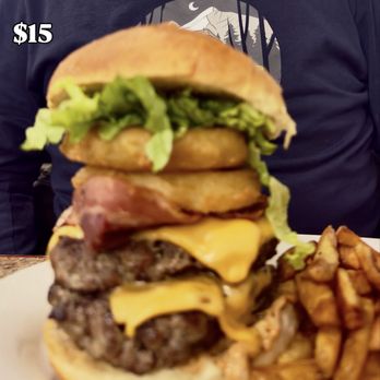 Flint House - This is what our last burger looked like... it was a delicious combination of smashed angus, bacon and onion rings. So good. - Canadian (New) Near Me - Fort Frances, Ontario Flint House - This is what our last burger looked like... it was a delicious combination of smashed angus, bacon and onion rings. So good. - Canadian (New) Near Me - Fort Frances, Ontario