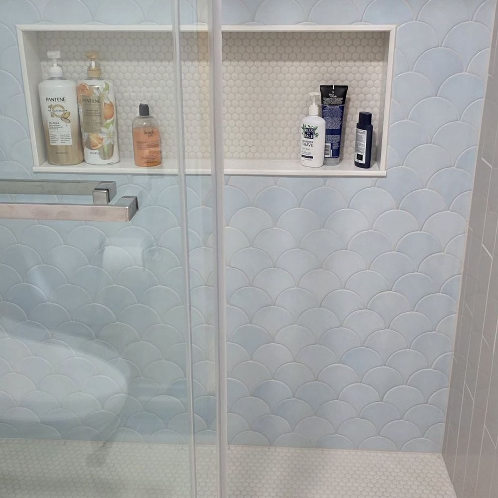 Jorge's Tiling - Scallops tile.  He had to place each one individually onto the wall.  Came out perfectly. - Tiling Near Me