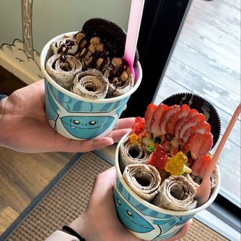 Frozen Rolls Creamery - Cook&crem w/cookie dough, & oreo drizzled with Nutella (left) Cook&crem w/gummy bears, strawbrs, oreo, & drizzled with cond. milk - Desserts Near Me - Austin, Texas Frozen Rolls Creamery - Cook&crem w/cookie dough, & oreo drizzled with Nutella (left) Cook&crem w/gummy bears, strawbrs, oreo, & drizzled with cond. milk - Desserts Near Me - Austin, Texas