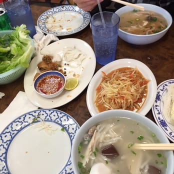 Vientian Cafe - Kao piak with pork blood cube, papaya salad, and egg rolls - Vietnamese Near Me - Oakland, California Vientian Cafe - Kao piak with pork blood cube, papaya salad, and egg rolls - Vietnamese Near Me - Oakland, California