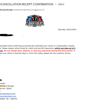 3 Brothers Moving & Storage - confirmation email for refund - Movers Near Me