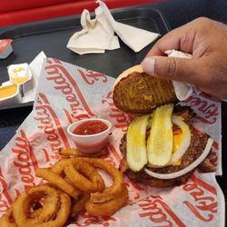 Freddy's Frozen Custard & Steakburgers - Bacon cheeseburger, onion rings