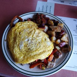 Trolley Stop Restaurant - The works omlet. Fresh mushrooms, peppers, onions, cheese and meet.