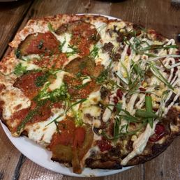 Pizza - half eggplant and half beef, mushroom, corn - wonderful! Pizza - half eggplant and half beef, mushroom, corn - wonderful!