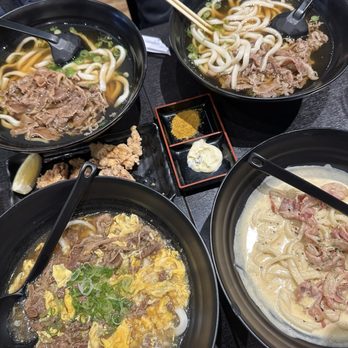 Marugame Monzo - Fluffy Beef Egg Udon (bottom left), Miso Carbonara (bottom right), Beef Udon (top two) - Japanese Near Me - Los Angeles, California Marugame Monzo - Fluffy Beef Egg Udon (bottom left), Miso Carbonara (bottom right), Beef Udon (top two) - Japanese Near Me - Los Angeles, California