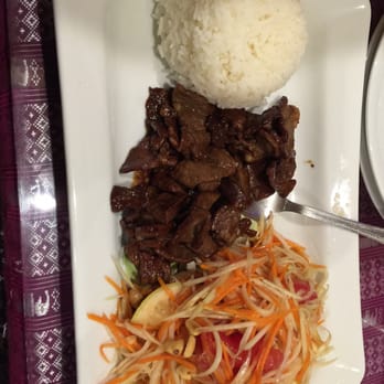 Naung Mai Thai Kitchen - Beef satay with papaya salad and jasmine rice. So good..... - Thai Near Me - Hilo, Hawaii
