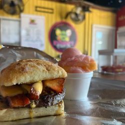 Ryder's Water Ice - A delicious bacon cheeseburger with mango and cotton candy water ice.
