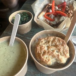 Classic Chicken Pot Pie, Fried Chicken Biscuit, broccoli cheddar soup, kale, and chicken Philly cheese Classic Chicken Pot Pie, Fried Chicken Biscuit, broccoli cheddar soup, kale, and chicken Philly cheese
