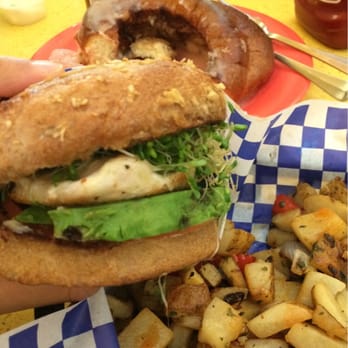 Polly's Pies - Avocado and Friends Burger with chicken breast and breakfast potatoes! Yummy! - American Near Me - Norco, California Polly's Pies - Avocado and Friends Burger with chicken breast and breakfast potatoes! Yummy! - American Near Me - Norco, California