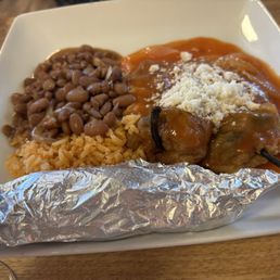 Chili Rellenos, rice, beans and corn tortillas in the foil wrapper.