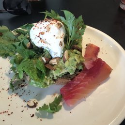 Avocado toast with beetroot cured salmon
