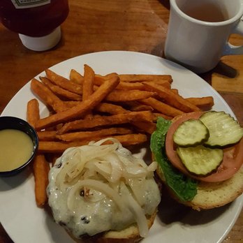 Mister Ups - Mr.Ups burger with swiss cheese and sautéed onions. I upgraded to the sweet potato fries. - American Near Me - Middlebury, Vermont Mister Ups - Mr.Ups burger with swiss cheese and sautéed onions. I upgraded to the sweet potato fries. - American Near Me - Middlebury, Vermont
