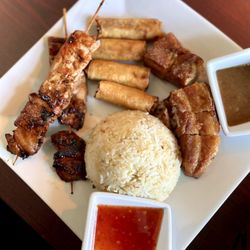 The Mami House - Chicken skewer/fried pork belly combo plate