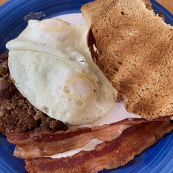 The Nightfall Inn - Beef hash, eggs to order, homemade honey white toast and bacon! If you leave for the day still hungry, that's on you!