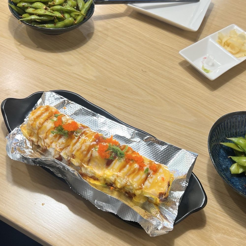 Bengee Sushi - Baked Salmon Roll, Spicy Garlic Edamame, White Miso Soup, Alaska Roll, Ramune(Strawberry) - Japanese Near Me - Jurupa Valley, California