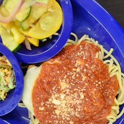 Rocket Cafe - Hand-battered chicken parmesan lunch special with fresh broccoli salad and grilled squash.
