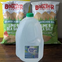 Boulder Canyon tortilla chips $6.99/bag, gallon of Kroger Spring water $1.49