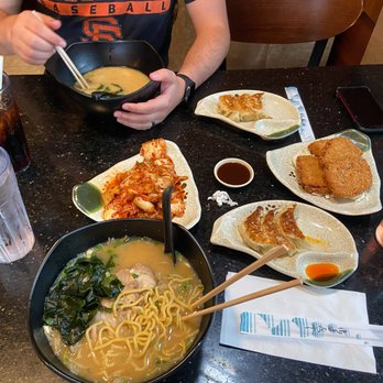 Ramen-Ya - Hubby had Tonkatsu ramen and I had Miso, with accidental kimchi, spam katsu and complimentary gyoza for happy hour! - Ramen Near Me - Pearl City, Hawaii