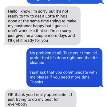 ER Upholstery Shop - One of my many texts and calls asking him to give me an update about anything about the sofa - Furniture Reupholstery Near Me - Dallas, Texas ER Upholstery Shop - One of my many texts and calls asking him to give me an update about anything about the sofa - Furniture Reupholstery Near Me - Dallas, Texas