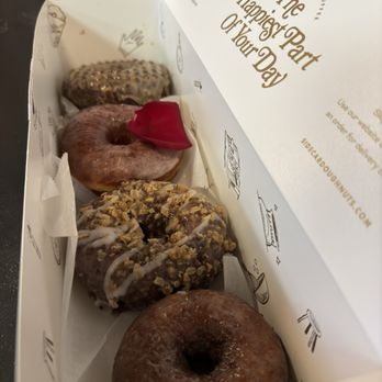 Sidecar Doughnuts & Coffee - Peanut Butter Cup, Strawberry Rose, Chocolate Chip Trail Mix, Salt and Butter (Top to bottom). - Donuts Near Me - Pasadena, California Sidecar Doughnuts & Coffee - Peanut Butter Cup, Strawberry Rose, Chocolate Chip Trail Mix, Salt and Butter (Top to bottom). - Donuts Near Me - Pasadena, California