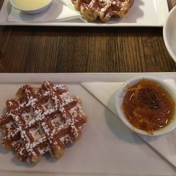 Medina Cafe - Liege waffles w/ white chocolate pistachio rosewater (top) and fig orange marmalade (bottom). - Breakfast & Brunch Near Me - Vancouver, British Columbia Medina Cafe - Liege waffles w/ white chocolate pistachio rosewater (top) and fig orange marmalade (bottom). - Breakfast & Brunch Near Me - Vancouver, British Columbia