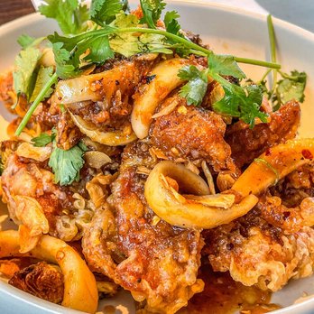 Koon Thai Eatery - garlic butter with crispy soft shell crab sweet shrimp paste, white pepper, coconut meat, Brussels sprouts, cilantro - Thai Near Me - Hillsdale, New Jersey