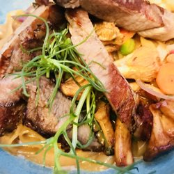 Schweinebraten mit Pasta und Pilzsauce- sehr lecker