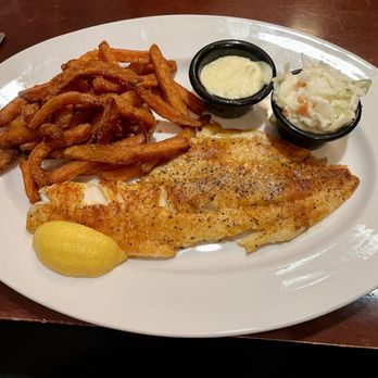 Grill 584 - Carolina broiled Flounder with sweet potato fries - Steakhouses Near Me - Burlington, North Carolina Grill 584 - Carolina broiled Flounder with sweet potato fries - Steakhouses Near Me - Burlington, North Carolina