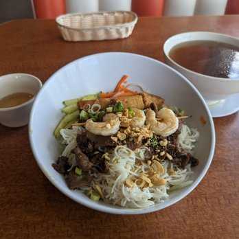 Blooming Vietnamese Cuisine - Combo vermicelli (beef + shrimp + egg roll) and side of large pho broth. - Soup Near Me - Cerritos, California Blooming Vietnamese Cuisine - Combo vermicelli (beef + shrimp + egg roll) and side of large pho broth. - Soup Near Me - Cerritos, California