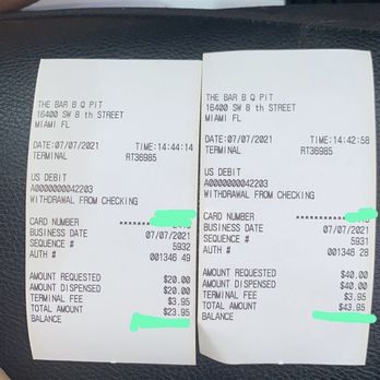 The Pit Bar-B-Q - Two ATM transactions I had to made because cashier lied to me about total so I could make to different transactions - Barbeque Near Me - Miami, Florida