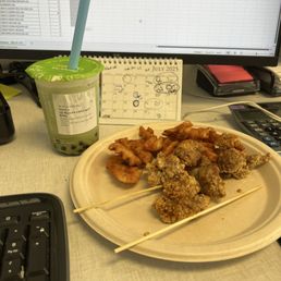 Popcorn Chicken and matcha latte Popcorn Chicken and matcha latte