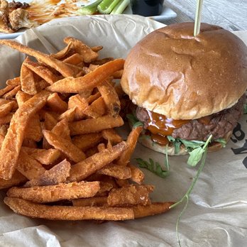 The Block Food & Drink - St. Louis Park - Vegan Juicy Lucy and sweet potato fries. - New American Near Me - Saint Louis Park, Minnesota