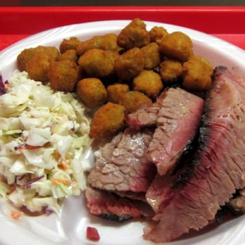 Donn's BBQ - brisket (extra moist) plate with cole slaw and fried okra - Barbeque Near Me - Austin, Texas