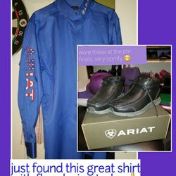 Jim's Western Wear - The shirt I bought today with the American flag logo, and the Ariat shoes I bought the first trip.