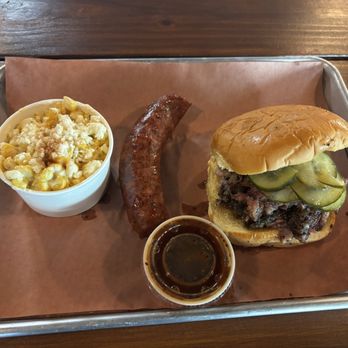 South Barbecue - Chopped brisket sandwich, jalapeno cheddar sausage and creamed elote - Barbeque Near Me - San Antonio, Texas South Barbecue - Chopped brisket sandwich, jalapeno cheddar sausage and creamed elote - Barbeque Near Me - San Antonio, Texas