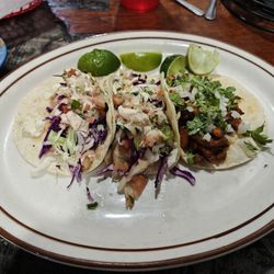 Shrimp, fish, and al pastor tacos