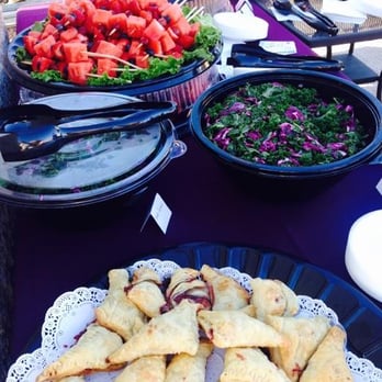 Yellow Tomato Catering - Food displayed: Kale Salad, Watermelon Mixed Fruit Kebabs, Sweet & Savory Stuffed Puff Pastry Extravaganza. - Caterers Near Me - Pasadena, California
