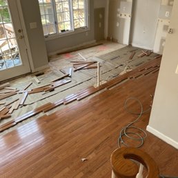 Laying down hardwood in the kitchen