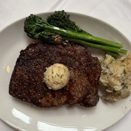 Prime Ribeye 16 oz , Chateau Mashed Potatoes and Roasted Broccolini