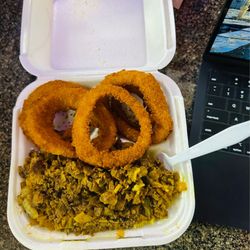 E Z Grill - Steak and rice with onion rings comes with a drink
