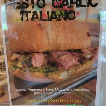 Soup Korner - West Bend - August 2021 sandwich of the month, Garlic Pesto Italiano (salami, pepperoni, ham, mozzarella, garlic butter, pesto) - Soup Near Me - West Bend, Wisconsin Soup Korner - West Bend - August 2021 sandwich of the month, Garlic Pesto Italiano (salami, pepperoni, ham, mozzarella, garlic butter, pesto) - Soup Near Me - West Bend, Wisconsin