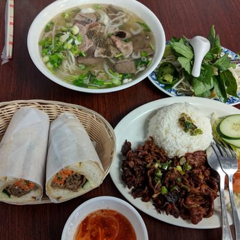 Baguette Delite - Large pho with lemongrass beef banh mi and bbq pork rice dish. - Vietnamese Near Me - Edison, New Jersey