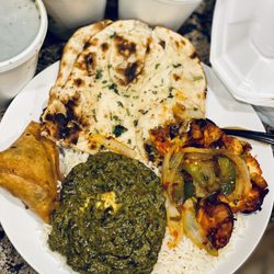 Malhi's Indian Cuisine - Chicken Tikka, Saag Paneer, Meat Somasa and Garlic Naan.