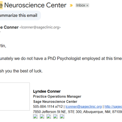 Sage Neuroscience Center - Sage's Head Office Manager's email to me.