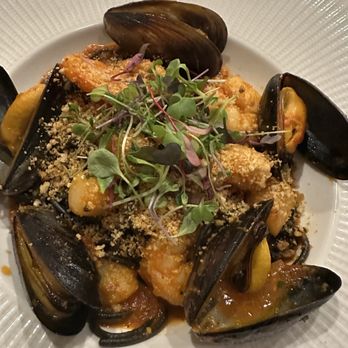 Prelude Kitchen & Bar - Seafood with squid ink pasta - New American Near Me - Sacramento, California Prelude Kitchen & Bar - Seafood with squid ink pasta - New American Near Me - Sacramento, California